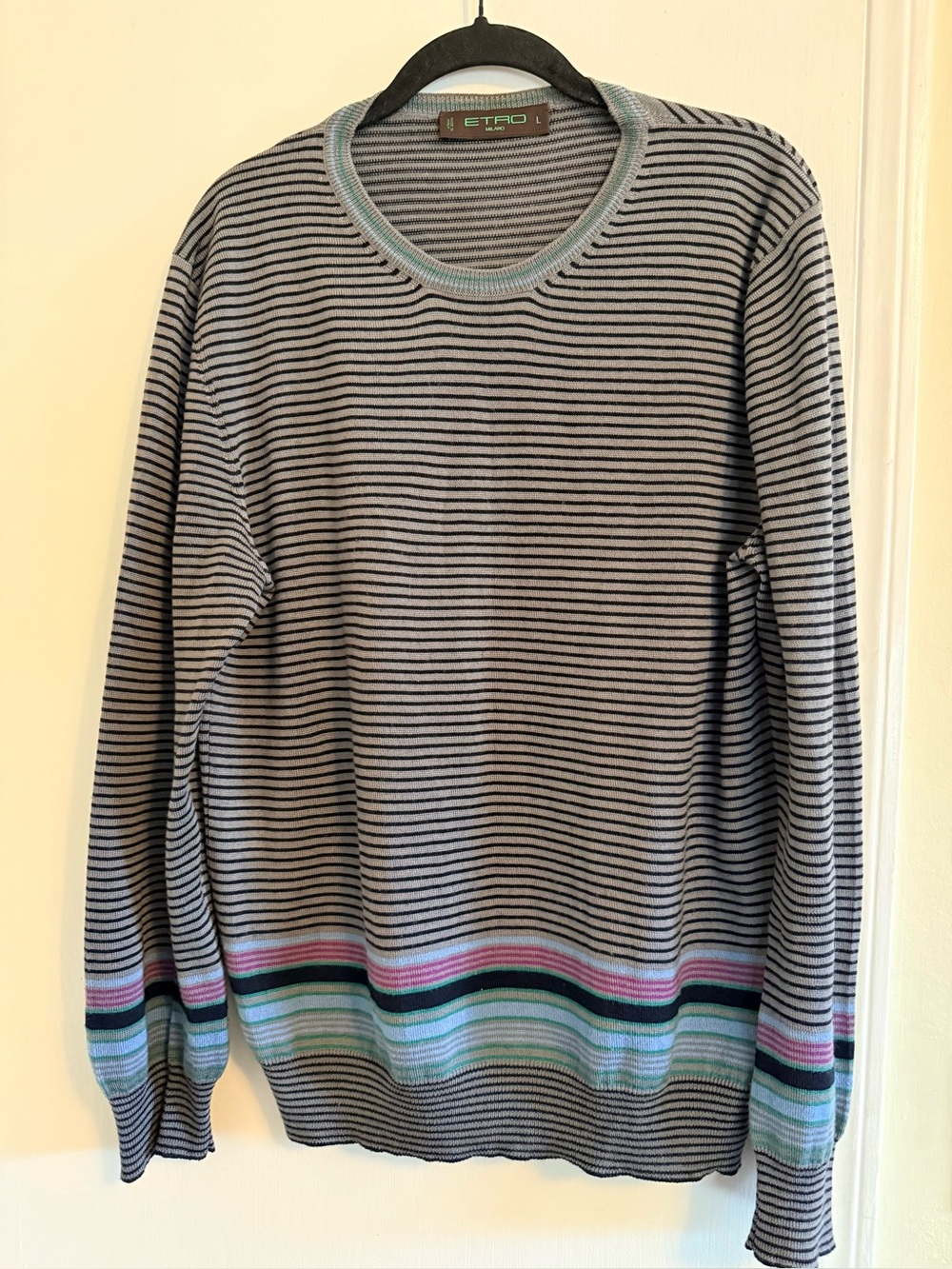 Etro Milano Men's Gray Striped Crewneck Sweater with Multicolor Hem